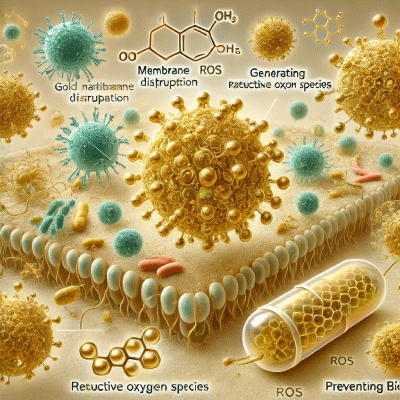 Here is an illustration showing gold nanoparticles acting as an antibiotic. The image visually represents gold nanoparticles interacting with bacterial cells, causing membrane disruption, generating reactive oxygen species (ROS), and preventing biofilm formation. The image focuses on the interactions between the gold nanoparticles and bacteria, highlighting their potential as an antibacterial agent. This visual could be useful for educational and research purposes to demonstrate how gold nanoparticles work as an antibiotic.